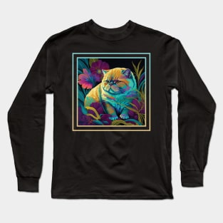 Hungry Exotic Shorthair Cat Floral Vibrant Tropical Digital Oil Painting Portrait Long Sleeve T-Shirt